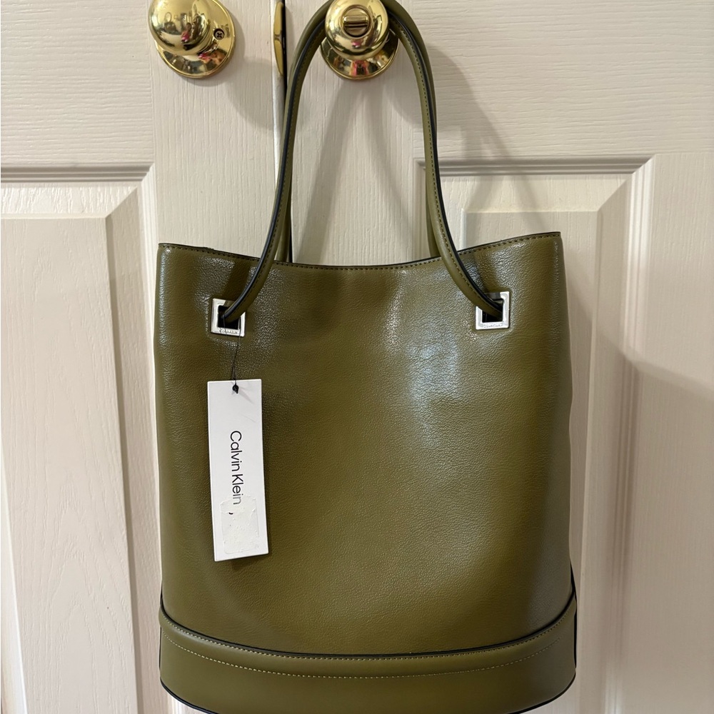 Calvin Klein Ash Green Leather Tote Bag with Silver Hardware